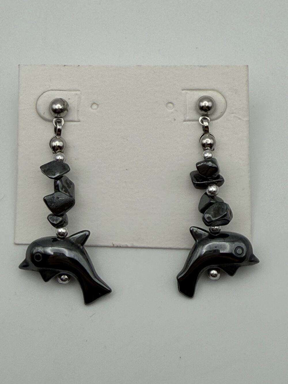 Hematite Dolphin Charm Dangle Earrings with Metallic Bead Stone Chips